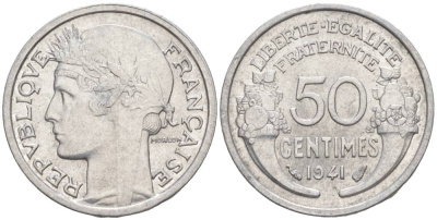 ФРАНЦИЯ 50 САНТИМОВ 1941 ТИП MORLON LOURDE KM 894.1a, LE FRANC 193.2 алюминий 44-162