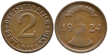 ГЕРМАНИЯ 2 РЕНТЕНПФЕННИГА 1924 D KM 31, J. 307 бронза 24-512