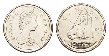 Канада 10 центов 1986 Елизавета II (1952-2022), парусник KM 77 никель UNC 4639-648