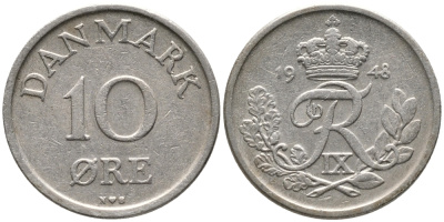 ДАНИЯ 10 ЭРЕ 1948 N; S, ФРЕДЕРИК IX (1947-1972) KM 841.1 медно-никель 100-728