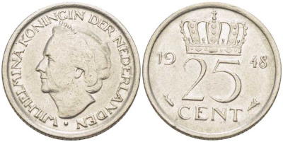 НИДЕРЛАНДЫ 25 ЦЕНТОВ 1948 ВИЛЬГЕЛЬМИНА (1890-1948) KM 177 никель 211-629