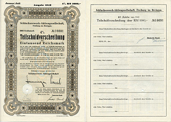 Германия 1000 рейхсмарок 1943 АО Schluchseewerk (оператор 5 ГЭС), Фрайбург-им-Брайсгау, 4% -ное частичное обязательство, облигация   бумага  8801-103-1