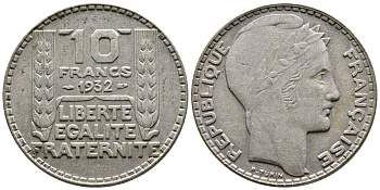 Франция 10 франков 1932 Пьер Тюрен KM 878, Le Franc 360.5 серебро 93-237