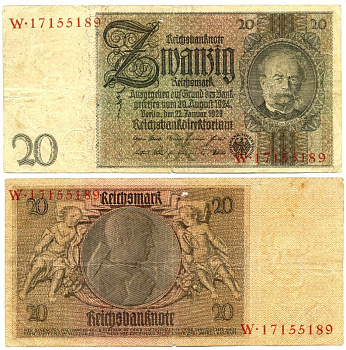 ГЕРМАНИЯ 20 РЕЙХСМАРОК 1929 ВЫПУСК ДЕКАБРЬ 1930 ГОДА, НОМЕР ВОСЬМИЗНАЧНЫЙ, БУКВА X, СЕРИЯ W Pick 181a, Розенберг 174а бумага 7203-2-3