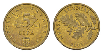 Хорватия 5 лип 2003 дуб, нечетный год KM 5 сталь плакированная латунью UNC 3309-149