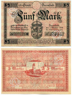 Германия, Дармштадт 5 марок 1918 - 1919 1 октября 1918 - 1 Февраля 1919, нотгельд, земля Гессен, водяной знак перепечатка, № номер снежинка, с перфорацией Geiger 092.03  бумага  UNC (пресс) 8613-32-1-1