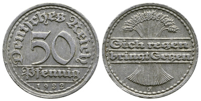 ГЕРМАНИЯ 50 ПФЕННИГОВ 1922 FG KM 27, J. 301, Weege 10 алюминий 4380-922
