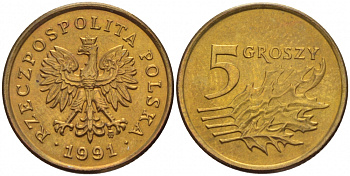 ПОЛЬША 5 ГРОШЕЙ 1991 MW KM 278 латунь UNC 4516-1153