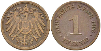 ГЕРМАНИЯ 1 ПФЕННИГ 1906 D KM 10, J. 10, Weege 2 медь 211-343