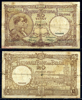 Бельгия 20 франков 1941 03.09.1941, Король Альберт I и его жена Королева Елизавета, Гран-Плас / Гроте Маркт, Брюссель Pick 111 (2) бумага 6301-29-2-2