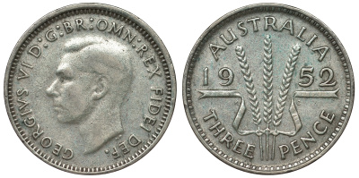 Австралия 3 пенса 1952 m, Георг VI (1937-1952), без букв KM 44 серебро 71-369
