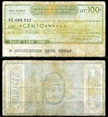 Италия чек на 100 лир 1976 20 октября 1976, Banco Catolica del Veneto бумага 00-00