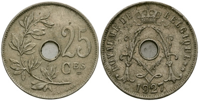 Бельгия 25 сантимов 1927 Belgique KM 68 медно-никель 4165-532