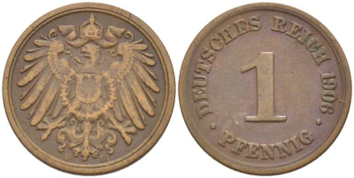 ГЕРМАНИЯ 1 ПФЕННИГ 1906 D KM 10, J. 10, Weege 2 медь 211-343