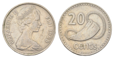 Фиджи 20 центов 1969 Елизавета II (1952-2022), китовый зуб KM 31 медно-никель 4667-536