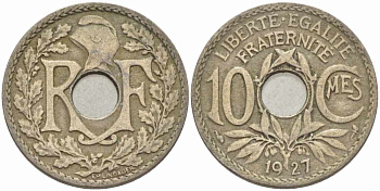 ФРАНЦИЯ 10 САНТИМОВ 1927 ТИП ЛИНДАЙЁ KM 866а, LE FRANC 138.14 медно-никель 108-155