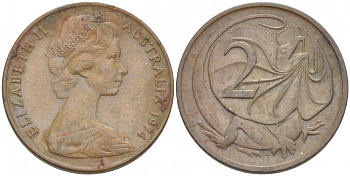 АВСТРАЛИЯ 2 ЦЕНТА 1974 ЕЛИЗАВЕТА II, МОЛОДОЙ ПОРТРЕТ, ПЛАЩЕНОСНАЯ ЯЩЕРИЦА (FRILLED LIZARD) KM 63 бронза 3457-631