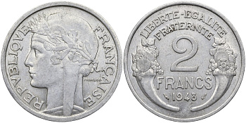 Франция 2 франка 1948 KM 886а.1, Le Franc 269.12 алюминий 4116-1142