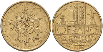 Франция 10 франков 1975 тип Матье KM 940, Le Franc 365.5-6 никель латунь 4545-926