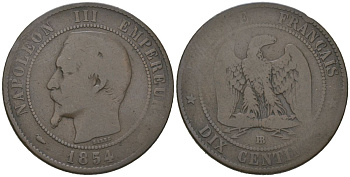 Франция 10 сантимов 1854 BB, Наполеон III (1852-1870) KM 771.3 бронза 4586-517
