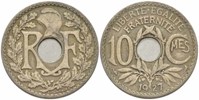 ФРАНЦИЯ 10 САНТИМОВ 1927 ТИП ЛИНДАЙЁ KM 866а, LE FRANC 138.14 медно-никель 108-155