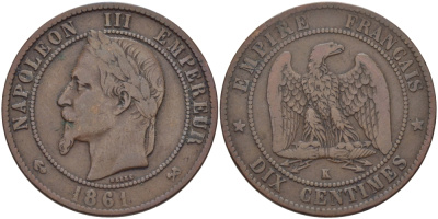 Франция 10 сантимов 1861 K, Наполеон III (1852-1870) KM 798.3, Le Franc 134.4 бронза 3460-231