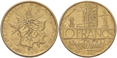 Франция 10 франков 1975 тип Матье KM 940, Le Franc 365.5-6 никель латунь 4545-926