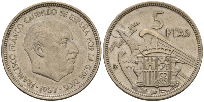 Испания 5 песет 1957 (74) Франсиско Франко (1939-1975) KM 786 медно-никель    4597-134