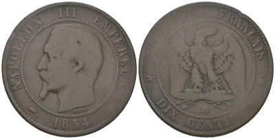 Франция 10 сантимов 1854 BB, Наполеон III (1852-1870) KM 771.3 бронза 4586-517