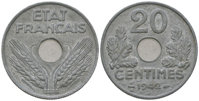 Франция 20 сантимов 1942 Правительство Виши KM 900 цинк aUNC 4616-833