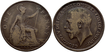 Великобритания 1 пенни 1917 Георг V (1910-1936) KM 810, Spink 4051 бронза 4607-634