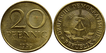 ГДР 20 пфеннигов 1969 А, первый год KM 11 латунь UNC 54-1316