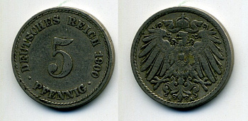 ГЕРМАНИЯ 5 ПФЕННИГОВ 1900 A, KM 11, J. 12 медно-никель 58-1127