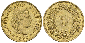 Швейцария 5 раппенов 1992 B KM 26c алюминиевая бронза aUNC 4617-1221