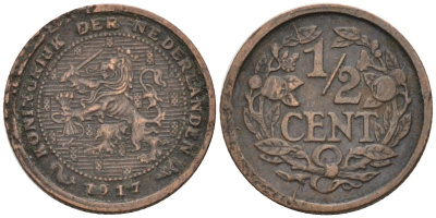 Нидерланды 1/2 цента 1917 Вильгельмина (1890-1948) KM 138 бронза 4576-369