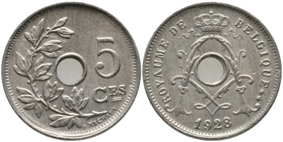 БЕЛЬГИЯ 5 САНТИМОВ 1928 BELGIQUE KM 66 медно-никель 75-1664