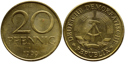 ГДР 20 пфеннигов 1969 А, первый год KM 11 латунь UNC 54-1316