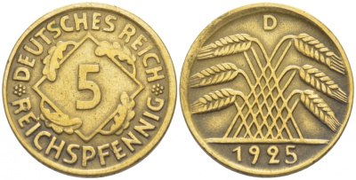 ГЕРМАНИЯ 5 РЕЙХСПФЕННИГОВ 1925 D, KM 39, J. 316 алюминиевая бронза 4396-1626