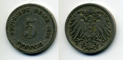 ГЕРМАНИЯ 5 ПФЕННИГОВ 1900 A, KM 11, J. 12 медно-никель 58-1127