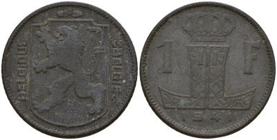 Бельгия 1 франк 1941 Belgique - Belgie, Леопольд III (1934-1947), германская оккупация, Вторая мировая война KM 127 цинк 4161-412