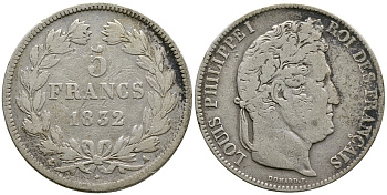 Франция 5 франков 1832 A, Луи Филипп I (1830-1848) KM 749.1 серебро 79-724