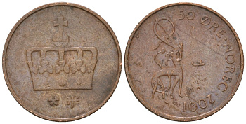 Норвегия 50 эре 2001 JJE, Харальд V (1991-) KM 460 бронза 4564-751