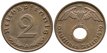 Германия 2 рейхспфеннига 1939 A KM 90, J. 362 бронза 220-562