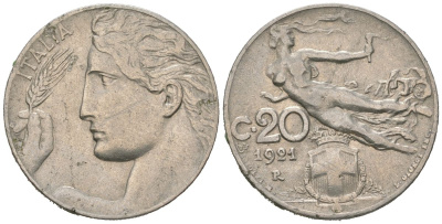 Италия 20 чентезимо 1921 R, Виктор Эммануил III (1900-1946) KM 44 никель 4164-1162