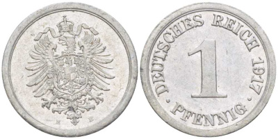 Германия 1 пфенниг 1917 E KM 24, J. 300, Weege 2 алюминий 206-1066