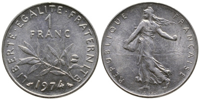 ФРАНЦИЯ 1 ФРАНК 1974 СЕЯТЕЛЬ KM 925.1 никель 51-243