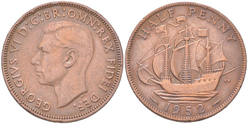 Великобритания 1/2 пенни 1952 Георг VI (1936-1952) KM 868, Spink 4118 бронза 4128-146