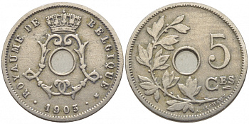 БЕЛЬГИЯ 5 САНТИМОВ 1903 BELGIQUE KM 46 медно-никель 105-1036