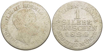ПРУССИЯ 1 ГРОШ 1824 А, ФРИДРИХ ВИЛЬГЕЛЬМ III (1797-1840) KM 410 серебро 201-616