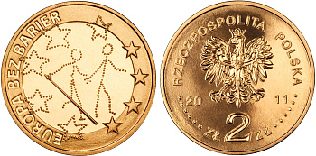 Польша 2 злотых 2011 MW, 100 лет общества слепых, Европа без границ KM 795 нордик UNC 4676-846